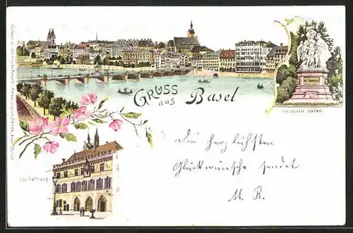 Lithographie Basel, Strassburger Denkmal, Rathaus, Totalansicht