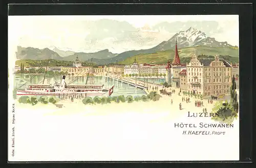 Lithographie Luzern, Gesamtansicht mit Hotel Schwanen