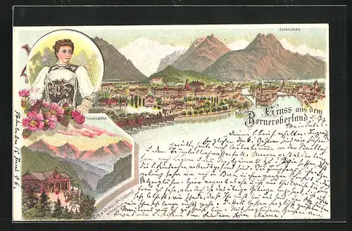 Lithographie Interlaken, Heimwehfluh, Schweizerin im Trachtenkleid, Gesamtansicht