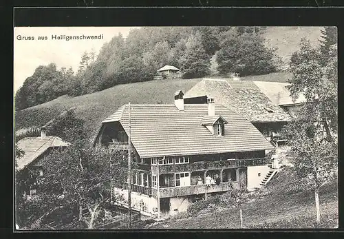 AK Heiligenschwendi, alte Häuser am Waldrand