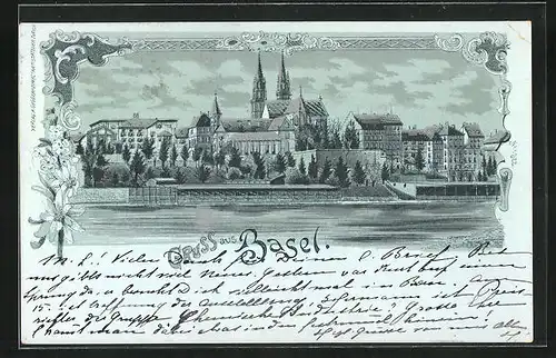 Mondschein-Lithographie Basel, Stadtpartie am Flussufer