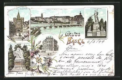 Lithographie Basel, Alte Rheinbrücke, St. Jacobs-Denkmal, Handelsbank