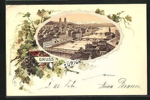 Passepartout-Lithographie Zürich, Teilansicht mit Kirche und Alpen