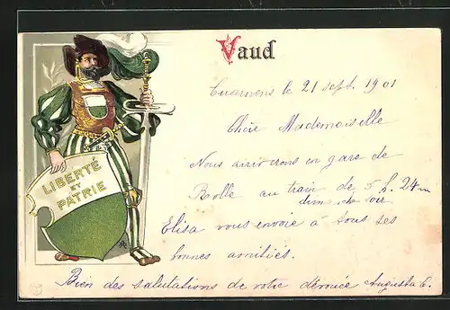 Präge-AK Vaud, Schweizer Patriot mit Schild und Schwert