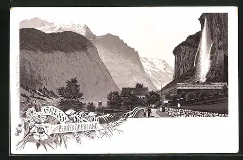 Lithographie Lauterbrunnen, Ortspartie mit Alpenmassiv und Wassersturz