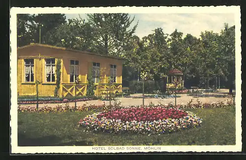 AK Möhlin, Hotel Solbad Sonne, Gartenpartie mit Blumenrabatten