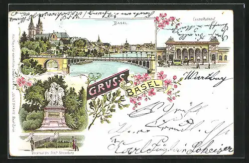 Lithographie Basel, Brücke, Zentralbahnhof, Strassburg-Denkmal