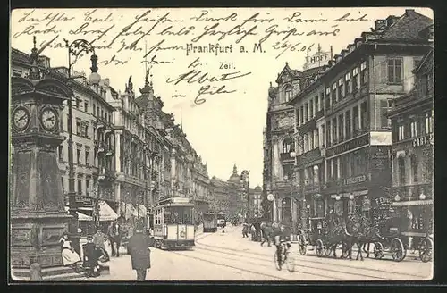 AK Frankfurt, Strasse am Zeil, Strassenbahnen und Passanten