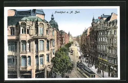 AK Frankfurt, Strasse am Zeil mit Strassenbahnverkehr