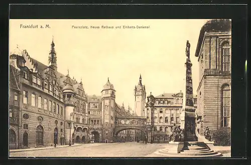 AK Alt-Frankfurt, Paulsplatz, Neues Rathaus und Einheits-Denkmal