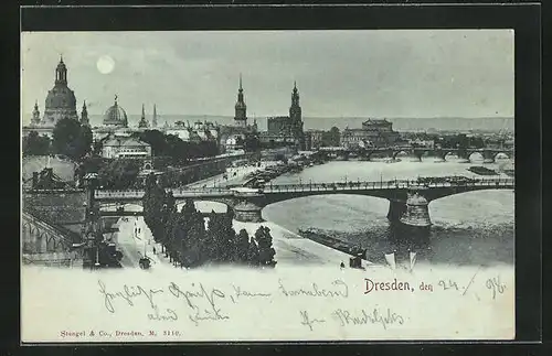 Mondschein-AK Dresden, Blick über die Stadt und Elbe