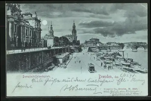 Mondschein-AK Dresden, Dampfschifflandeplatz mit Strassenbahn