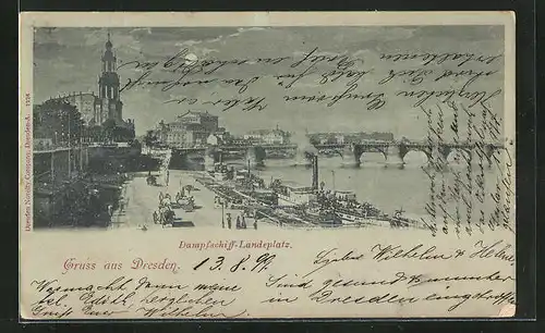 Mondschein-AK Dresden, Dampfschiff-Landeplatz