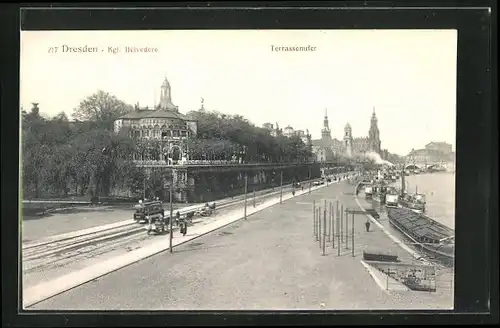 AK Dresden, Terrassenufer mit Strassenbahn und Kgl. Belvedere