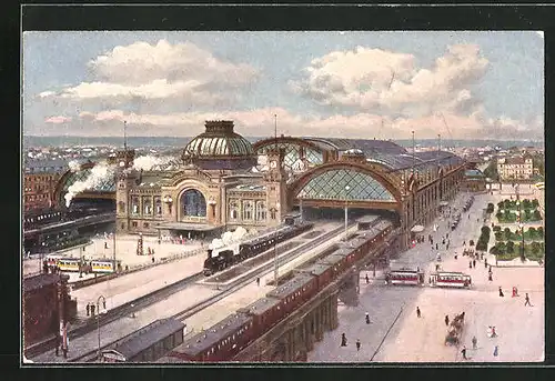 Künstler-AK Dresden, Lokomotive den Hauptbahnhof verlassend