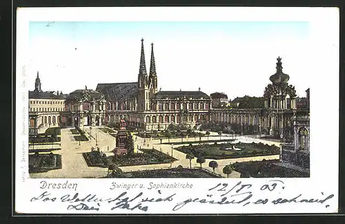 Goldfenster-AK Dresden, Zwinger und Sophienkirche mit mit leuchtenden Fenstern