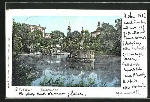 Goldfenster-AK Dresden, Zwingerteich, Gebäude mit mit leuchtenden Fenstern