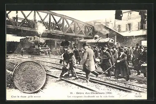 AK Greve des Cheminots 1910, les voyageurs abandonnes sur la voie ferree