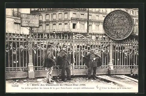 AK Greve des Cheminots de l`Ouest-Etat 1910, la police gardant les issues de la gare Saint Lazare