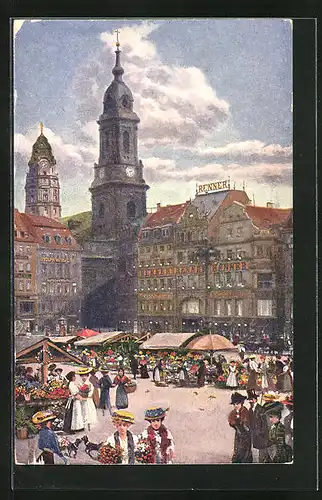 AK Dresden, Altmarkt mit Blumenmarkt, Kreuzkirche und Rathausturm