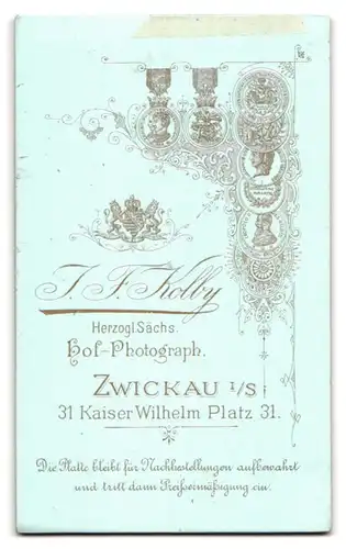 Fotografie J. F. Kolby, Zwickau i. S., Kaiser Wilhelm-Platz 31, Portrait charmanter junger Mann im Jackett
