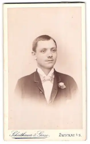 Fotografie Scheithauer & Giese, Zwickau i. S., Äuss. Plauensche Str. 24, Portrait junger charmanter Mann im Jackett