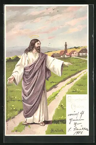 Künstler-AK Alfred Mailick: Fröhliche Ostern, Jesus wandelt vor dem Dorf