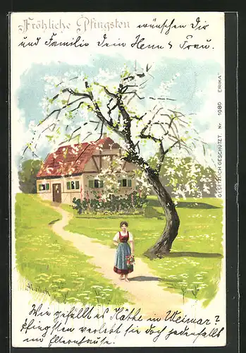 Künstler-AK Alfred Mailick: Landhaus und Mädchen zur Frühlingsblüte
