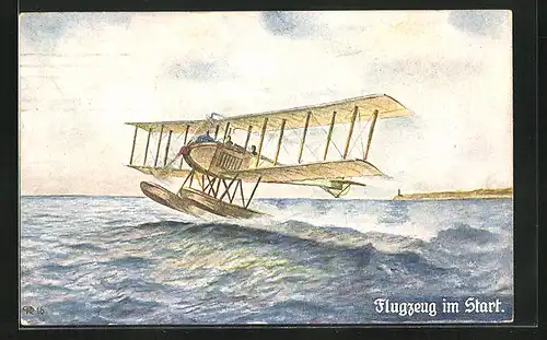 Künstler-AK Wasserflugzeug beim Start