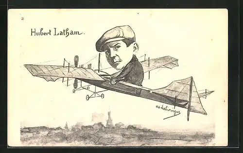 Künstler-AK Pilot Hubert Latham in seinem Flugzeug