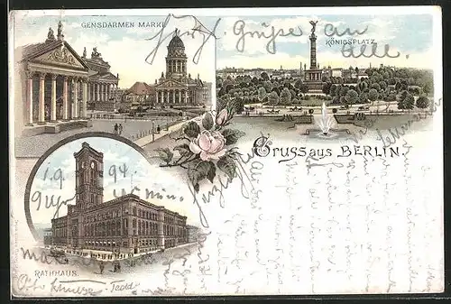 Vorläufer-Lithographie Berlin, 1894Gendarmenmarkt, Rathaus, Königstrasse & Königsplatz
