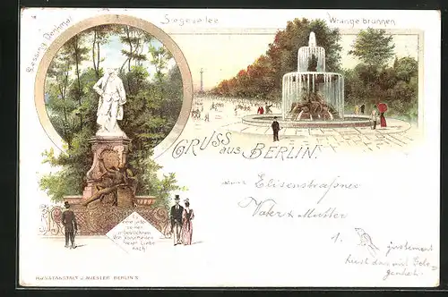 Lithographie Berlin-Tiergarten, Siegesallee, Wrangelbrunnen, Lessing-Denkmal