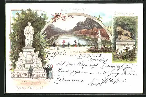 Lithographie Berlin-Tiergarten, Goethe-Denkmal, Goldfischteich, Löwengruppe