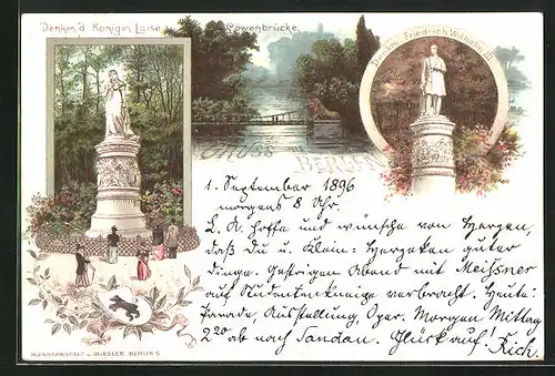 Lithographie Berlin-Tiergarten, Denkmal der Königin Luise & Friedrich Wilhelm III., Löwenbrücke