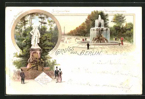 Lithographie Berlin-Tiergarten, Siegesalleem Wrangelbrunnen, Lessing-Denkmal