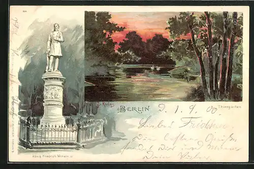 Lithographie Berlin-Tiergarten, König Friedrich Wilhelm III., Teichpartie im Thiergarten