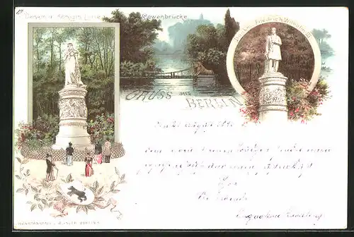 Lithographie Berlin-Tiergarten, Denkmal Königin Luise & Friedrich Wilhelm III., Löwenbrücke