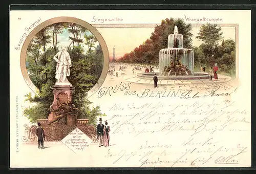 Lithographie Berlin-Tiergarten, Lessing-Denkmal, Wrangelbrunnen, Siegesallee