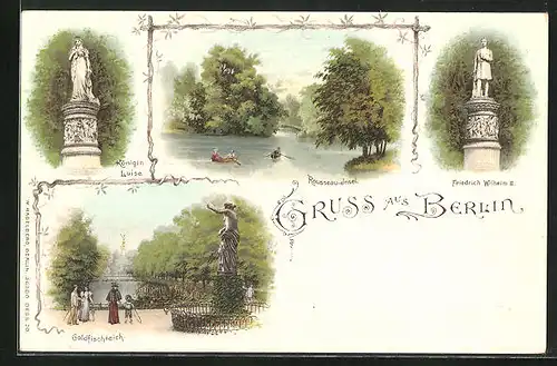 Lithographie Berlin-Tiergarten, Goldfischteich, Rousseau-Insel, Denkmal Friedrich Wilhelm II & Königin Luise
