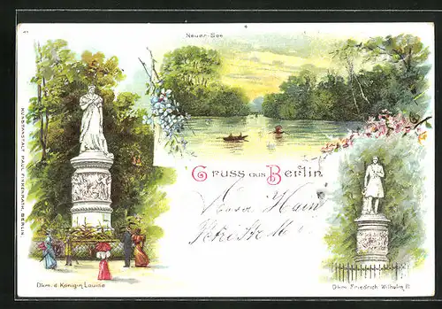 Lithographie Berlin-Tiergarten, Neuer See, Denkmal Königin Luise & Friedrich Wilhelm III.