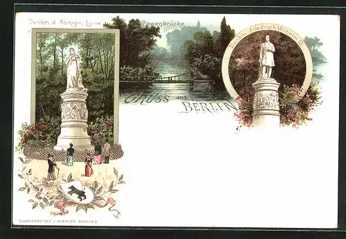 Mondschein-Lithographie Berlin-Tiergarten, Löwenbrücke, Denkmal Königin Luise & Friedrich Wilhelm III.