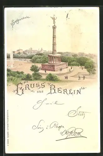 Lithographie Berlin-Tiergarten, Panoramablick auf die Siegessäule