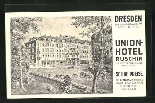 AK Dresden, Union-Hotel Ruschin, Sidonienstrasse