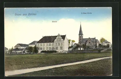 AK Dresden-Bühlau, Teilansicht mit Schule und Erlöser-Kirche
