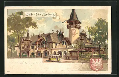 Lithographie Dresden-Loschwitz, Gasthaus Weisser Adler, Strassenbahn und Wappen