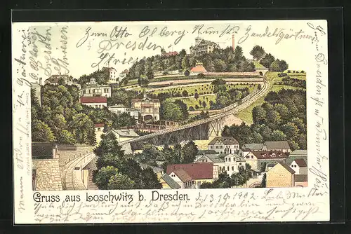 Lithographie Dresden-Loschwitz, Teilansicht mit Eisenbahnbrücke
