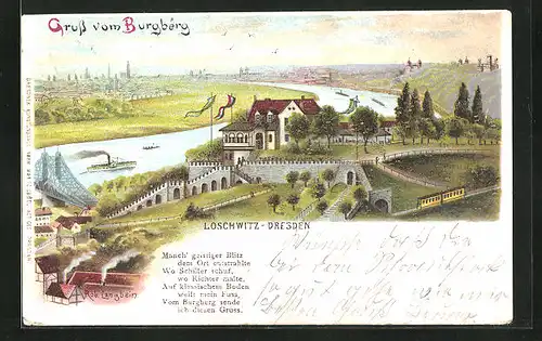 Lithographie Dresden-Loschwitz, Blick auf den Burgberg