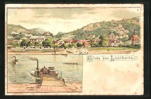 Lithographie Dresden-Loschwitz, Blick vom Elbufer