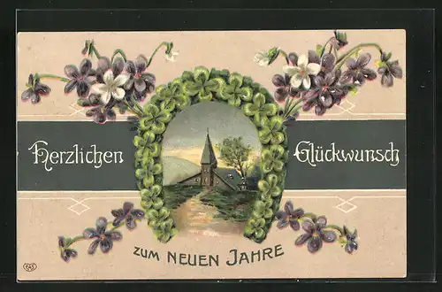 Präge-Lithographie Hufeisen aus Kleeblättern mit Veilchen
