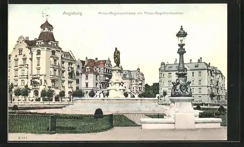 AK Augsburg, Prinz-Regentenstrasse mit Prinz-Regentenbrunnen